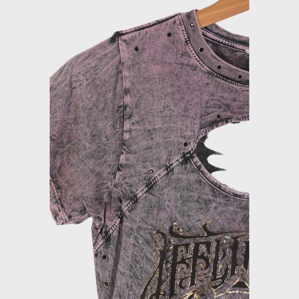 Y2k Affliction T Shirt Womens L Iconic Steel Cut Out Purple Studded Braided - Picture 3 of 8